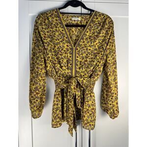 Max Studio Floral Tie Smocked Waist V-Neck Blouse Yellow Multicolor M